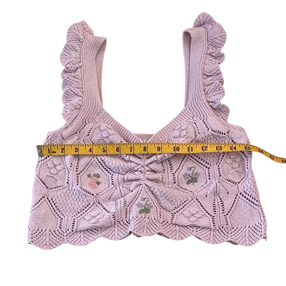 ZARA Pink‎ Embroidered Coquette Cottagecore Pointelle Knit Crop Top Ruffles - M - Picture 11 of 11